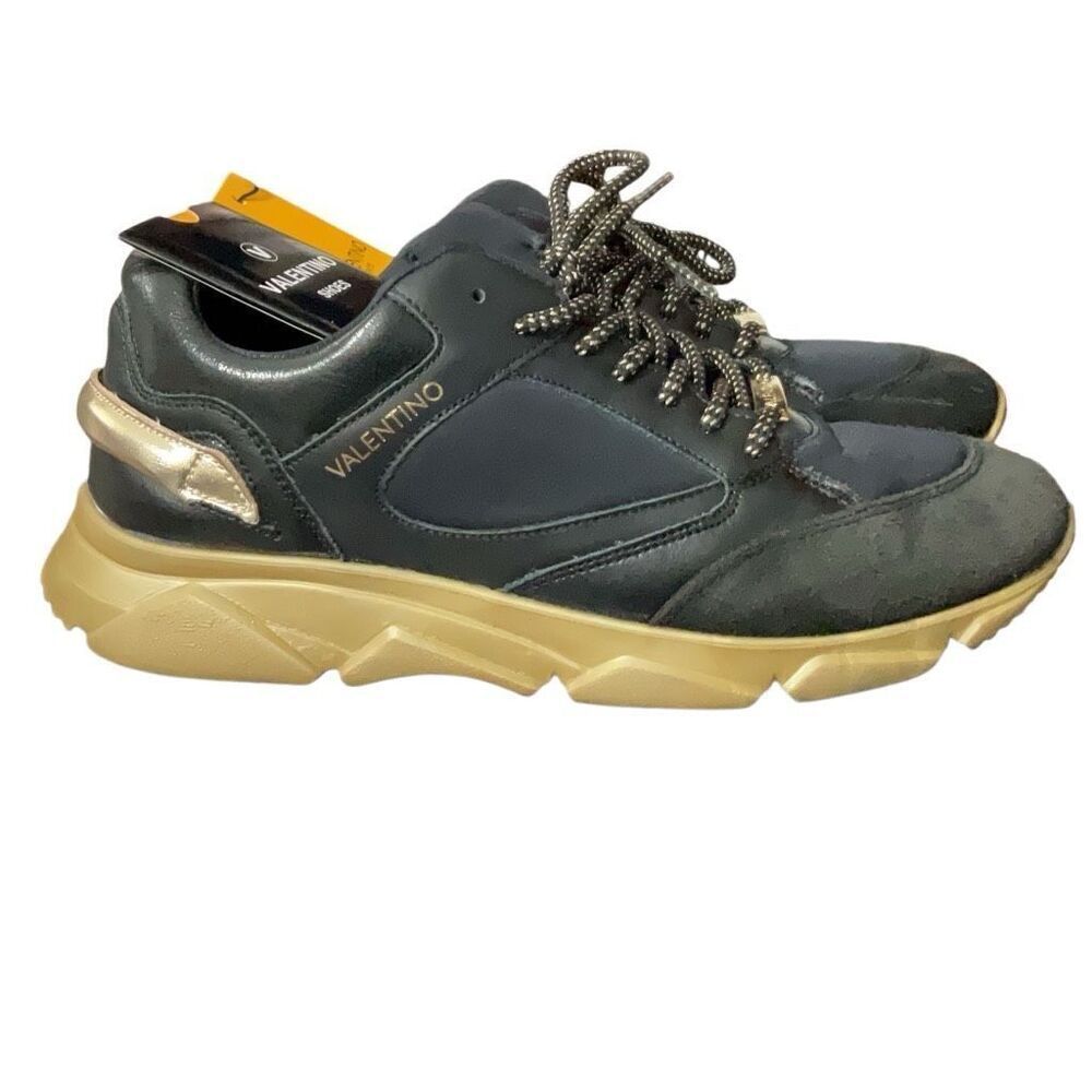 Valentino Mario Valentino Black Gold Theo Womens Designer Lace Up Sneakers Sz 10